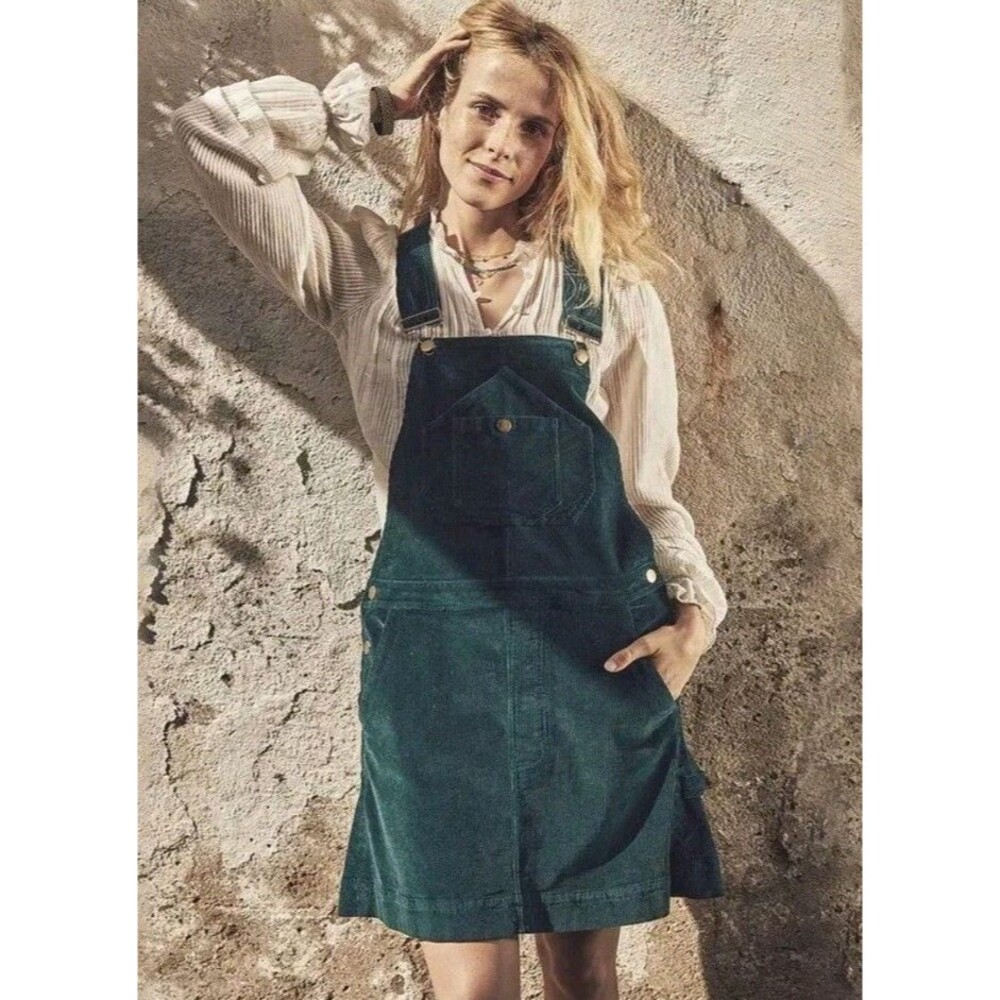 Faherty M York Corduroy Overall Dress Women Medium Pockets Green Cotton Adjust